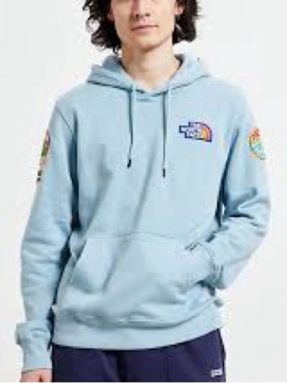 The North Face Light Blue Pullover Hoodie with Logo Patches